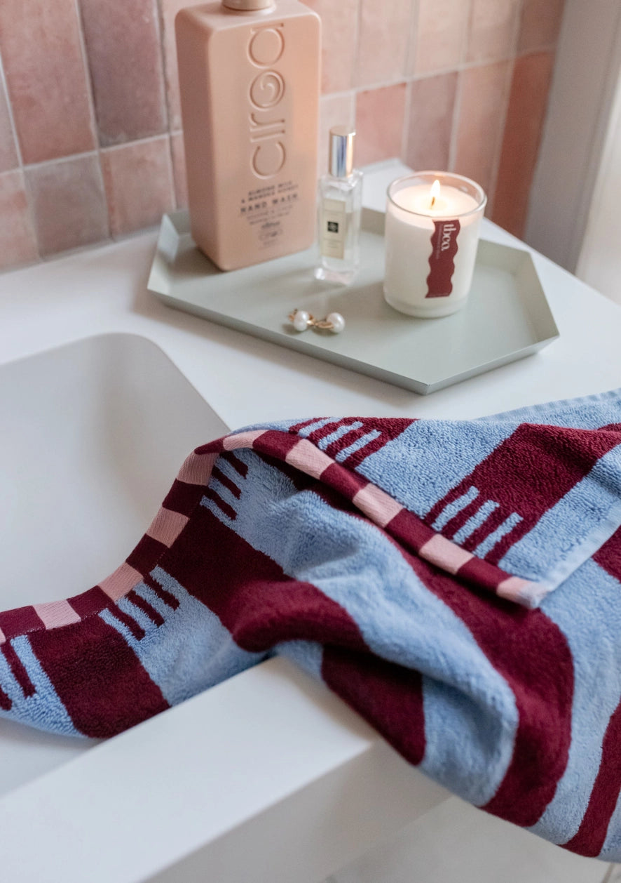 bath towel - blue and burgundy stripe