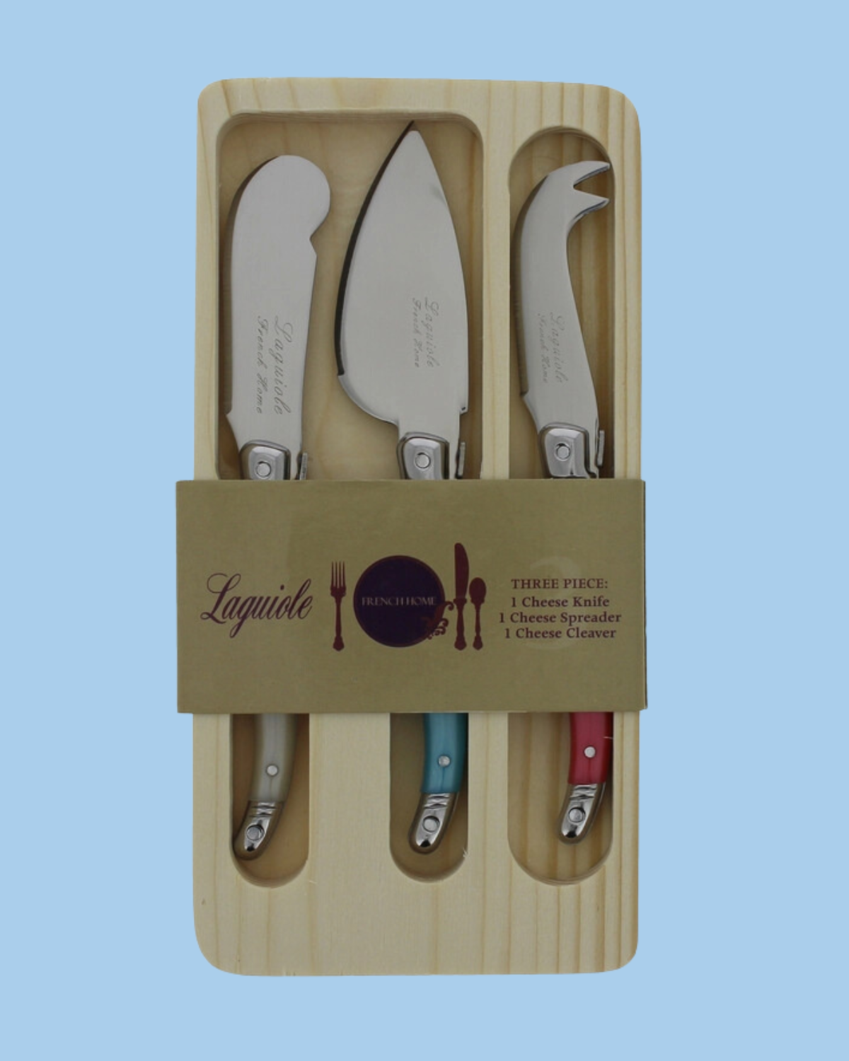 Laguiole three piece cheese knife set - coral/turquoise/ivory