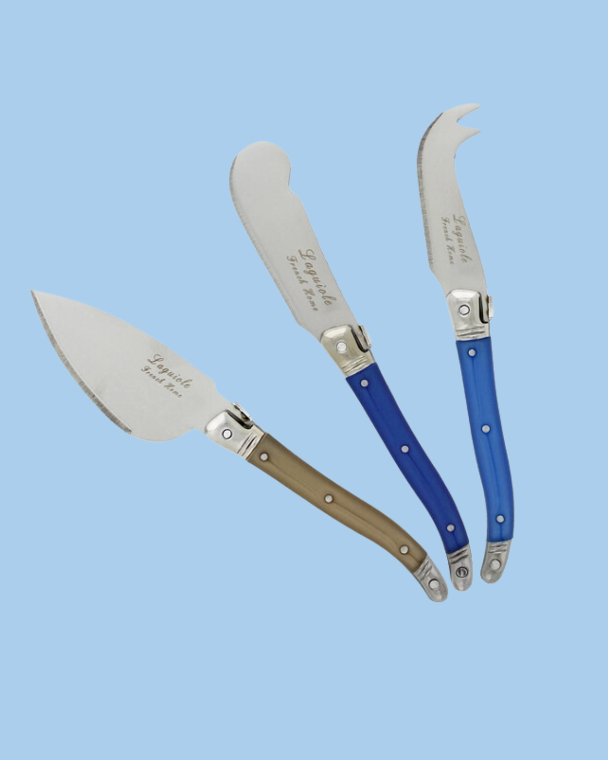Laguiole three piece cheese knife set - cream and blue