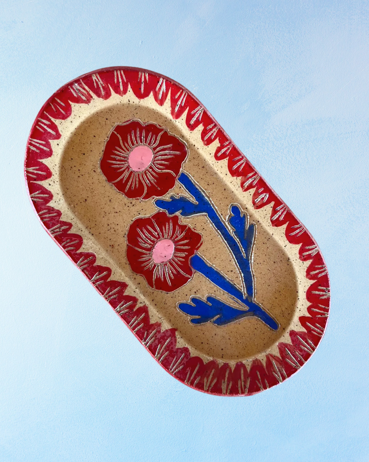 ceramic trinket dish - blue and red sgraffito