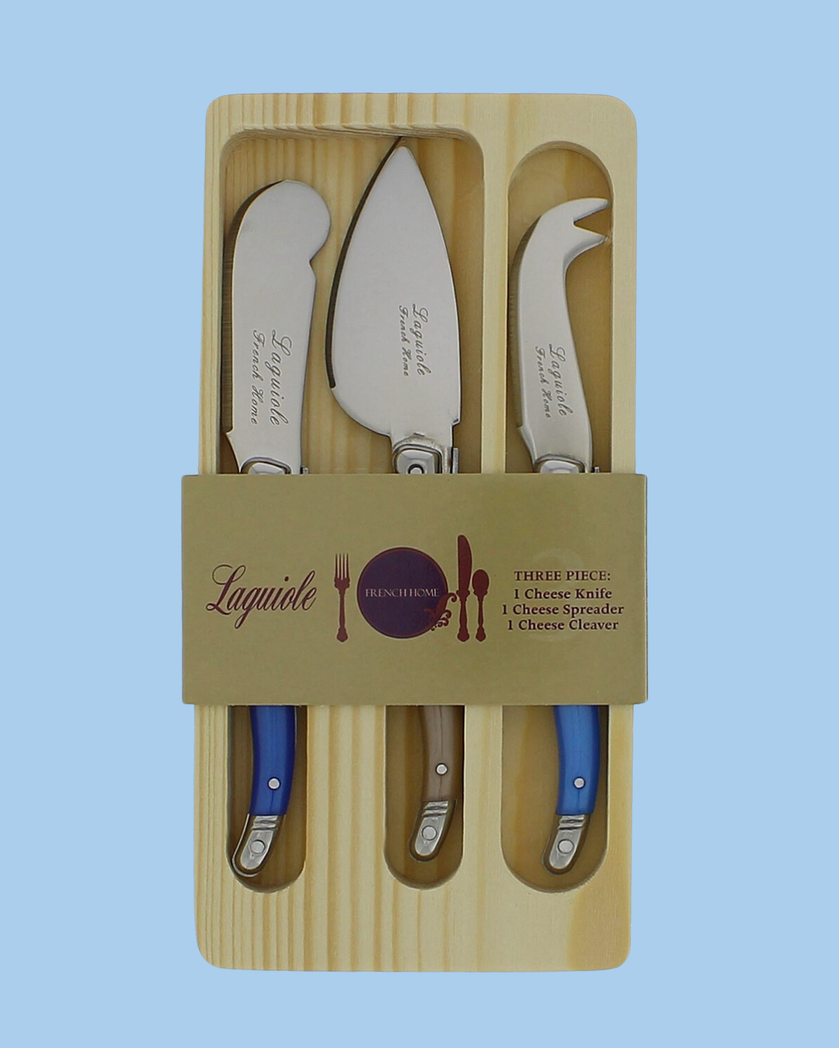 Laguiole three piece cheese knife set - cream and blue