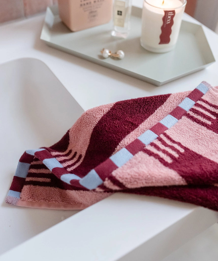 hand towel -pink and burgundy stripe