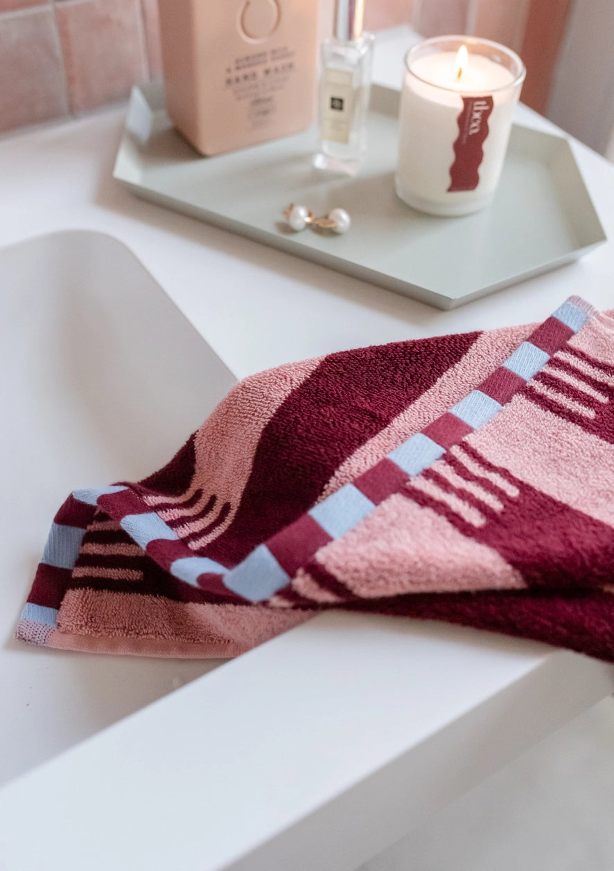 hand towel -pink and burgundy stripe