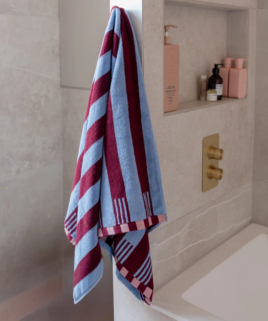 bath towel - blue and burgundy stripe