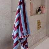 bath towel - blue and burgundy stripe