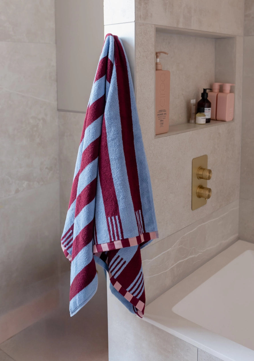 bath towel - blue and burgundy stripe