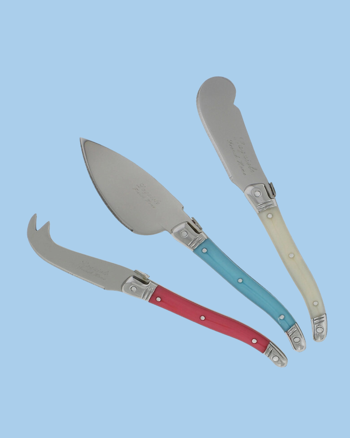 Laguiole three piece cheese knife set - coral/turquoise/ivory