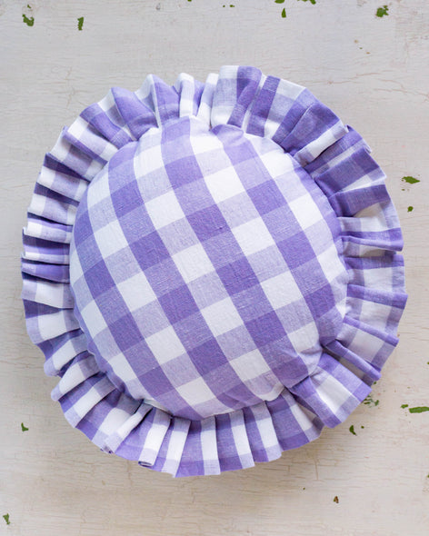 cushion - round linen check in violet