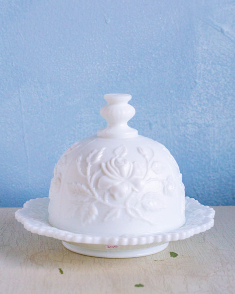 curated - milk glass butter dish
