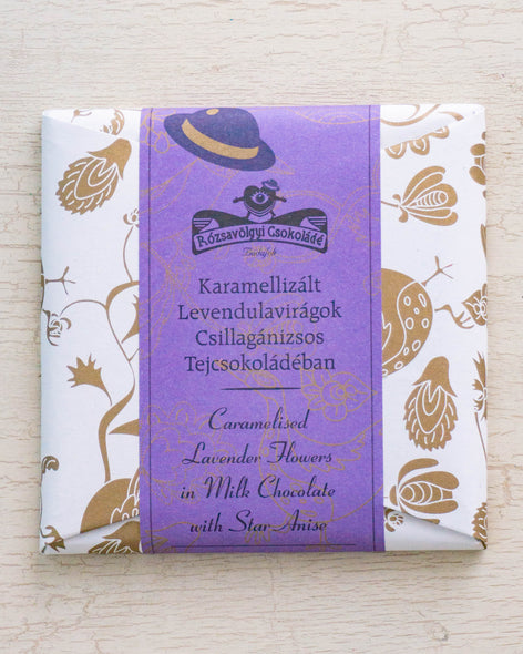 caramelized lavender flowers in milk chocolate with star anise