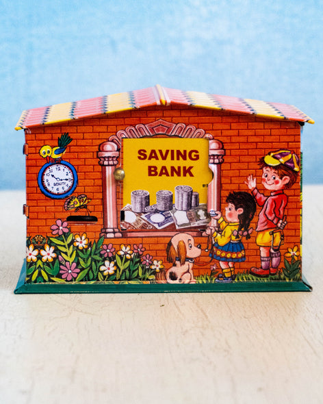 tin piggy bank