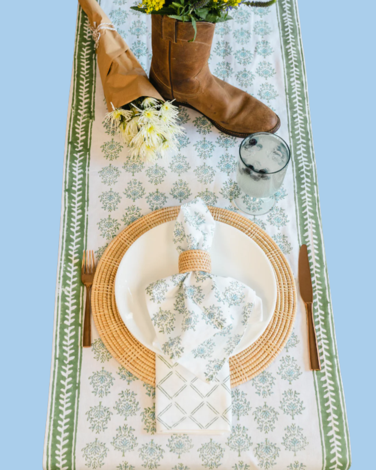 table runner - lotus/sage/uniform blue