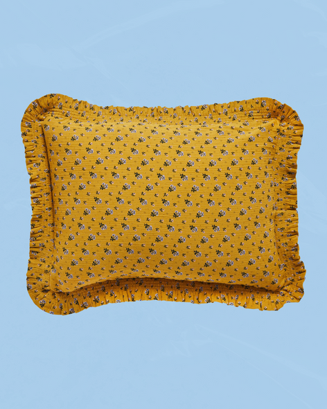 frill cushion - smocked mustard floral