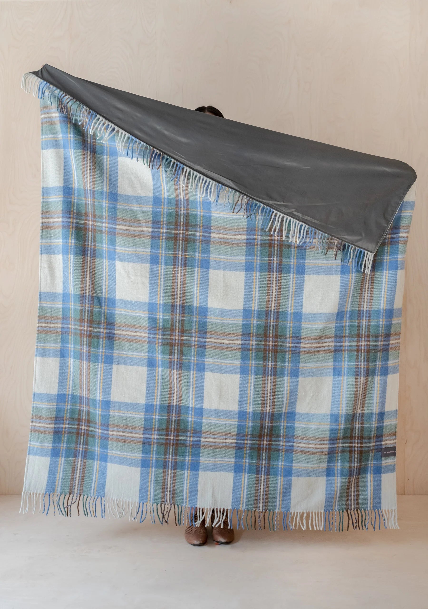 wool picnic blanket - muted blue tartan