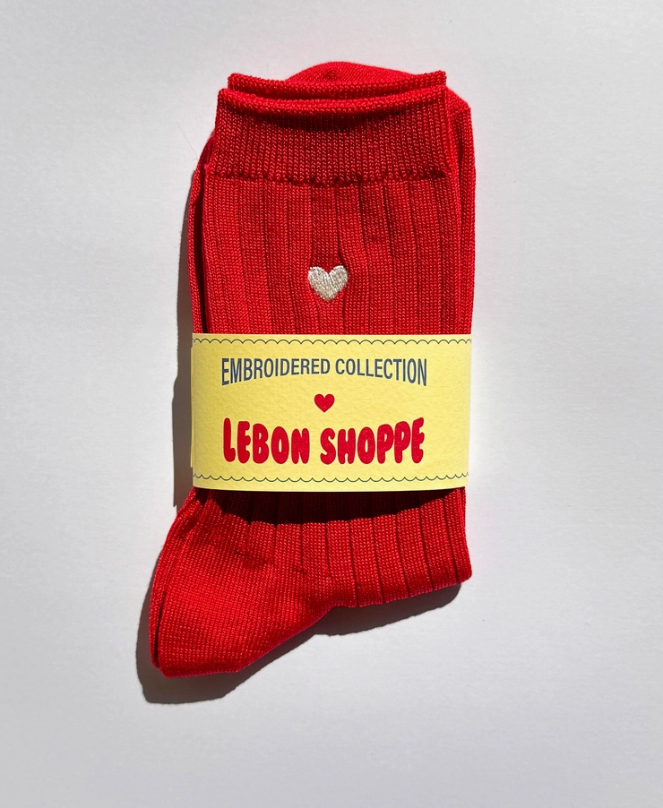 socks - her cotton ribbed: embroidered heart red