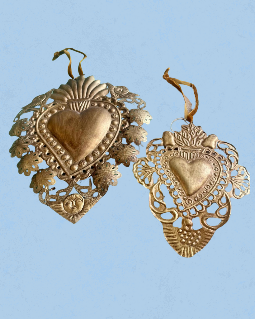 Antiqued heart ornaments large and small 