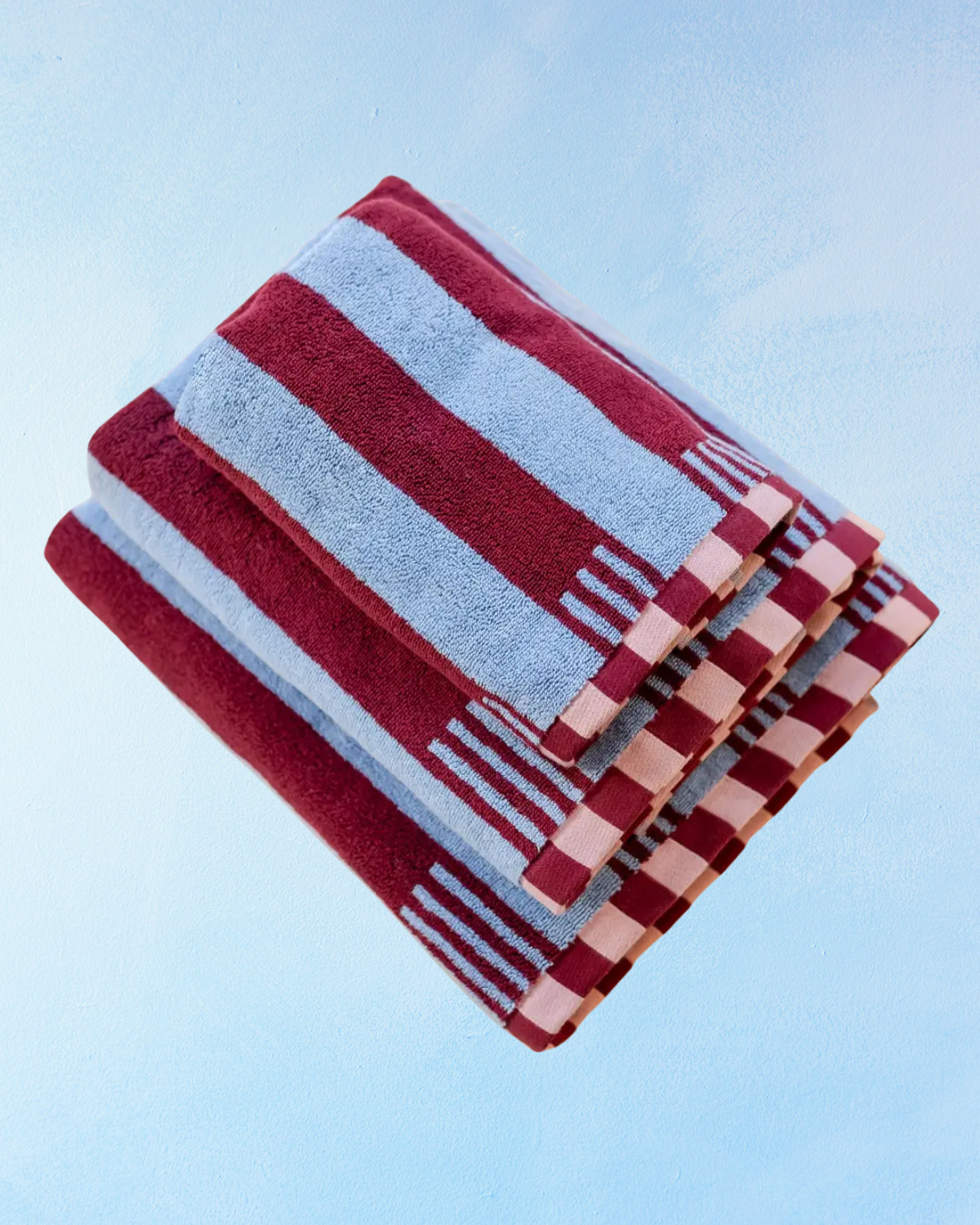 bath towel - blue and burgundy stripe