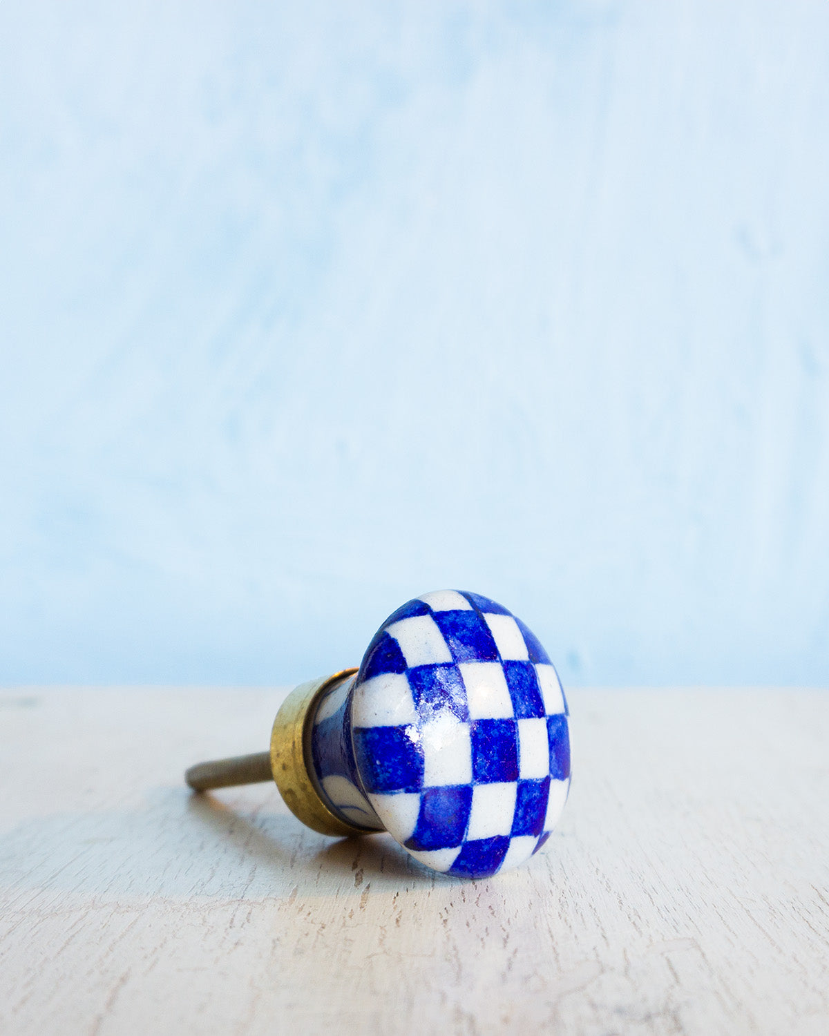 ceramic furniture knob - blue and white checkerboard