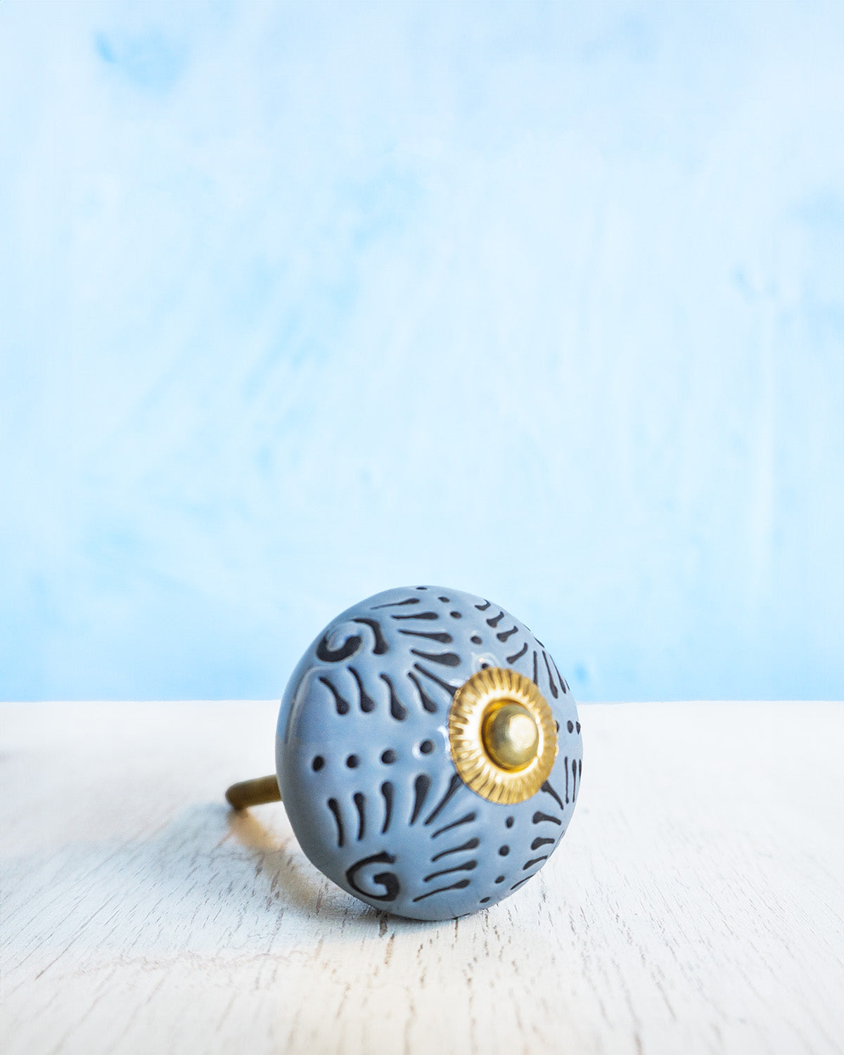 ceramic furniture knob - steel blue lines and dots