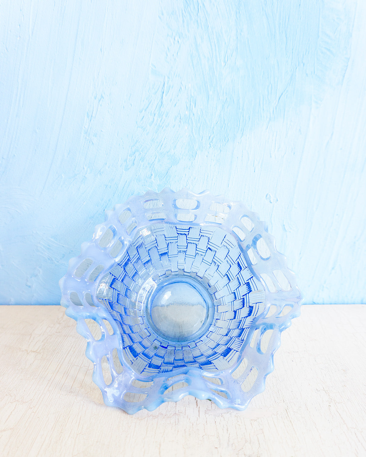 vintage baa - fenton basket weave jade vase opaline ruffled 8”