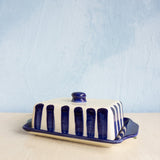 ceramic - striped blue butter dish