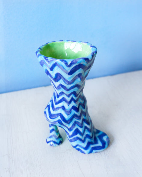 bud vase - blue zigzag boot