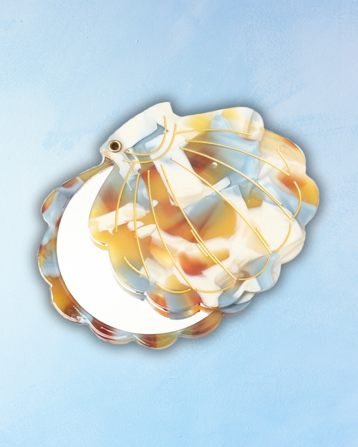 compact mirror - shell - blue & beige