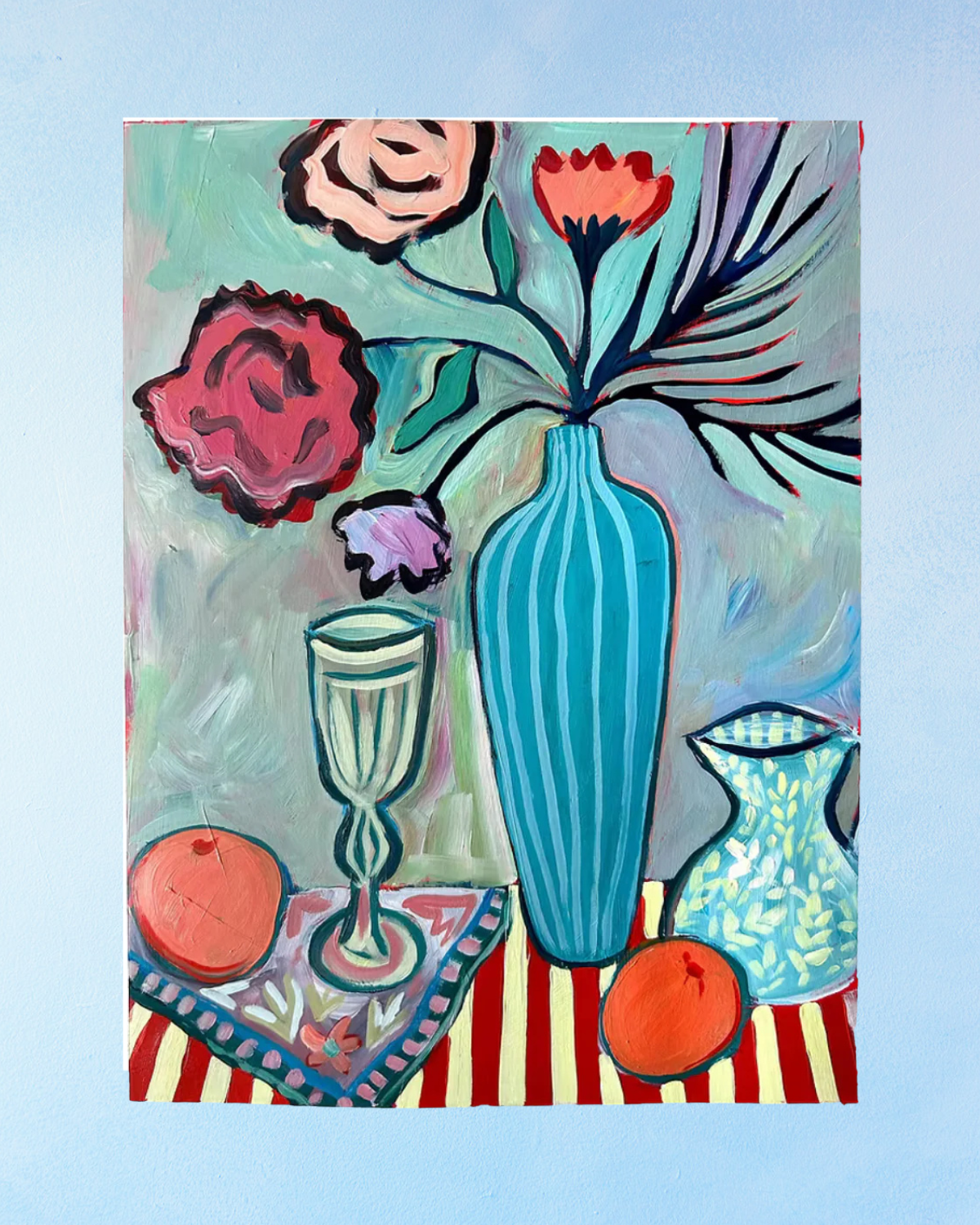 greeting card - blue vase and clementines
