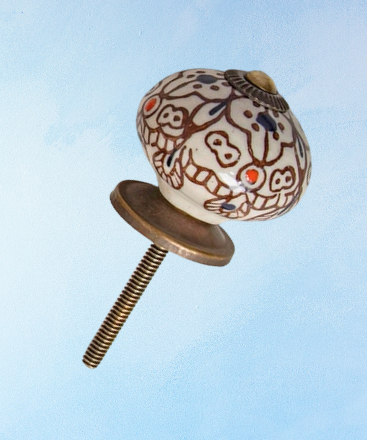 bouton de meuble en céramique - floral marron et blanc