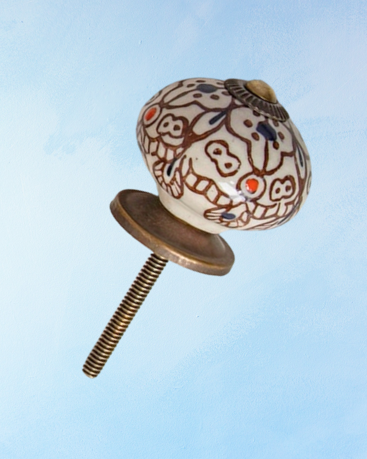 ceramic furniture knob - brown and white floral