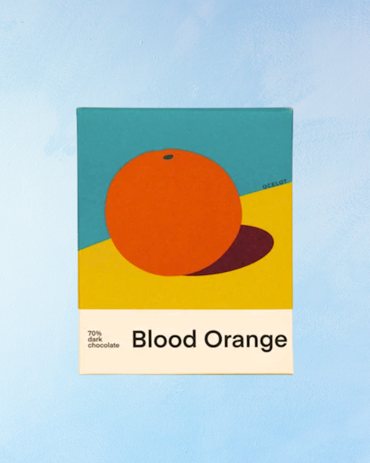Chocolate bar packaging with a blood orange illustration on a blue background