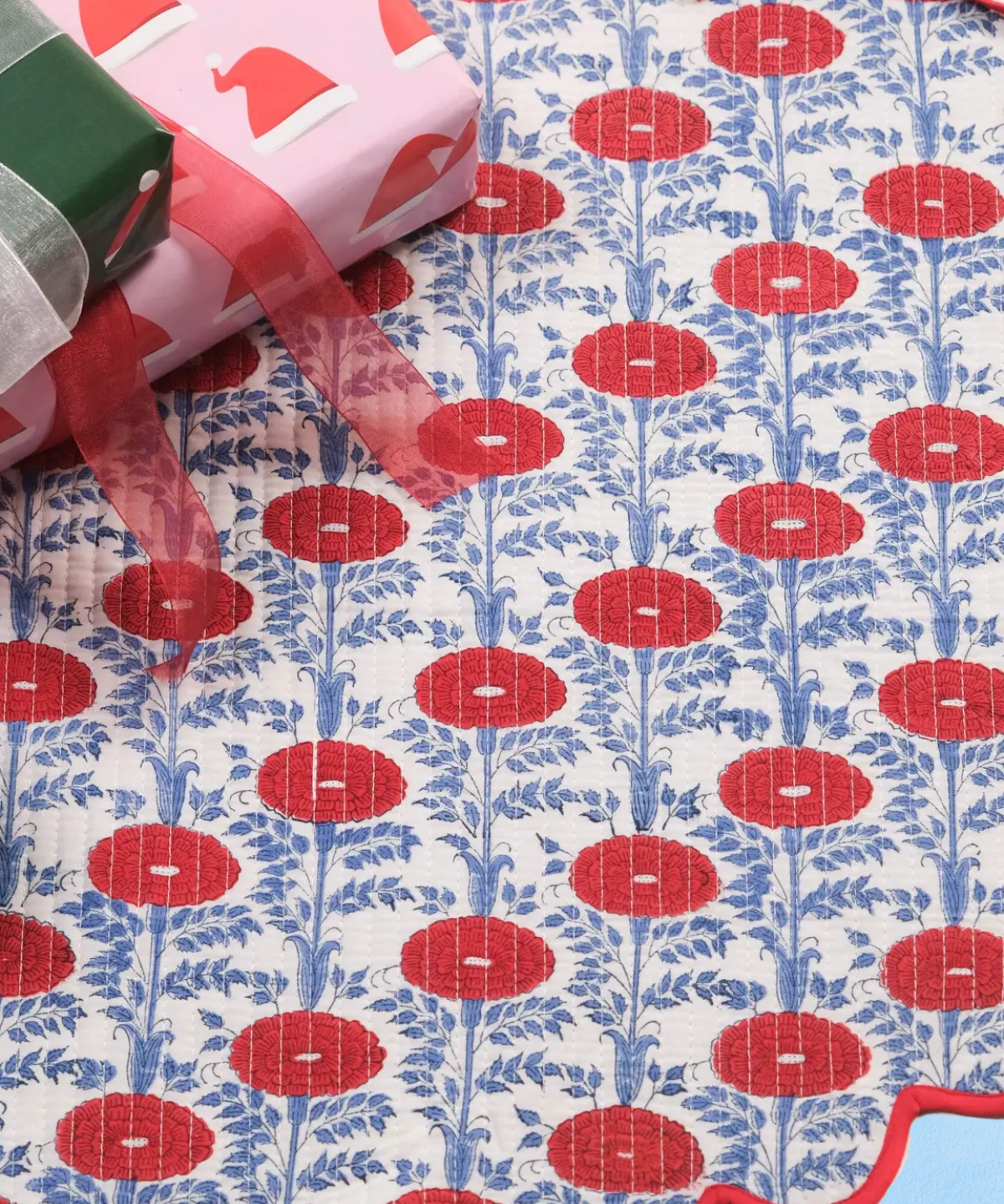tree skirt - scalloped block printed - blue