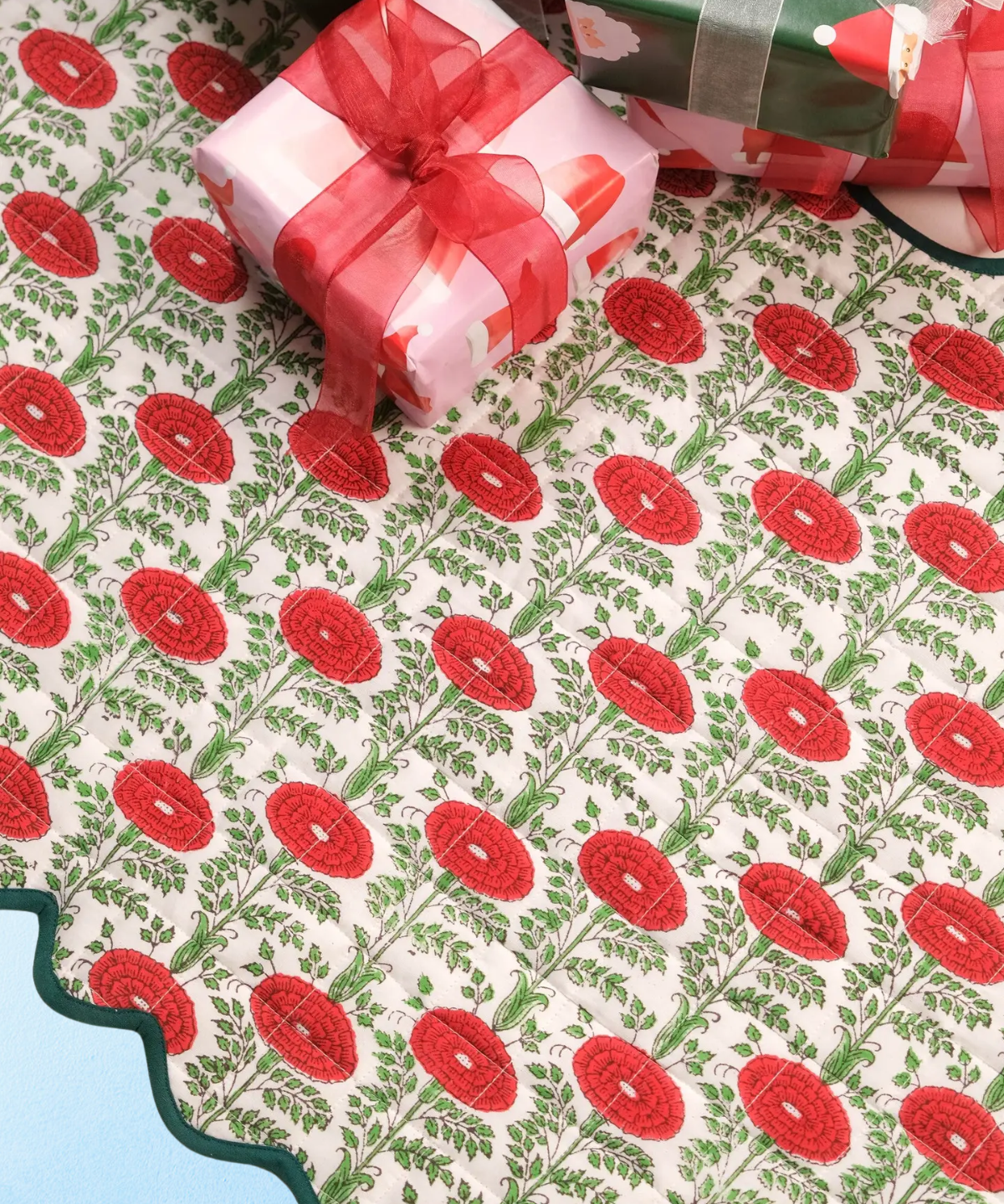 scalloped block printed tree skirt - green