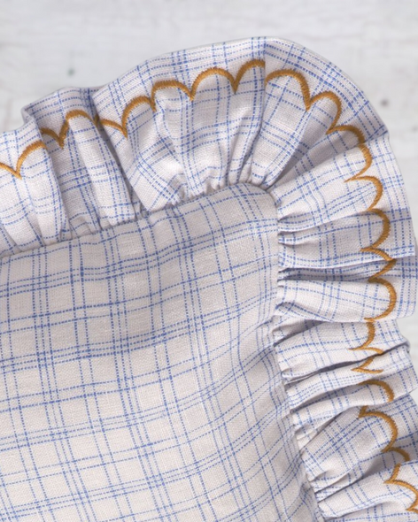 frill cushion - cornflower blue check