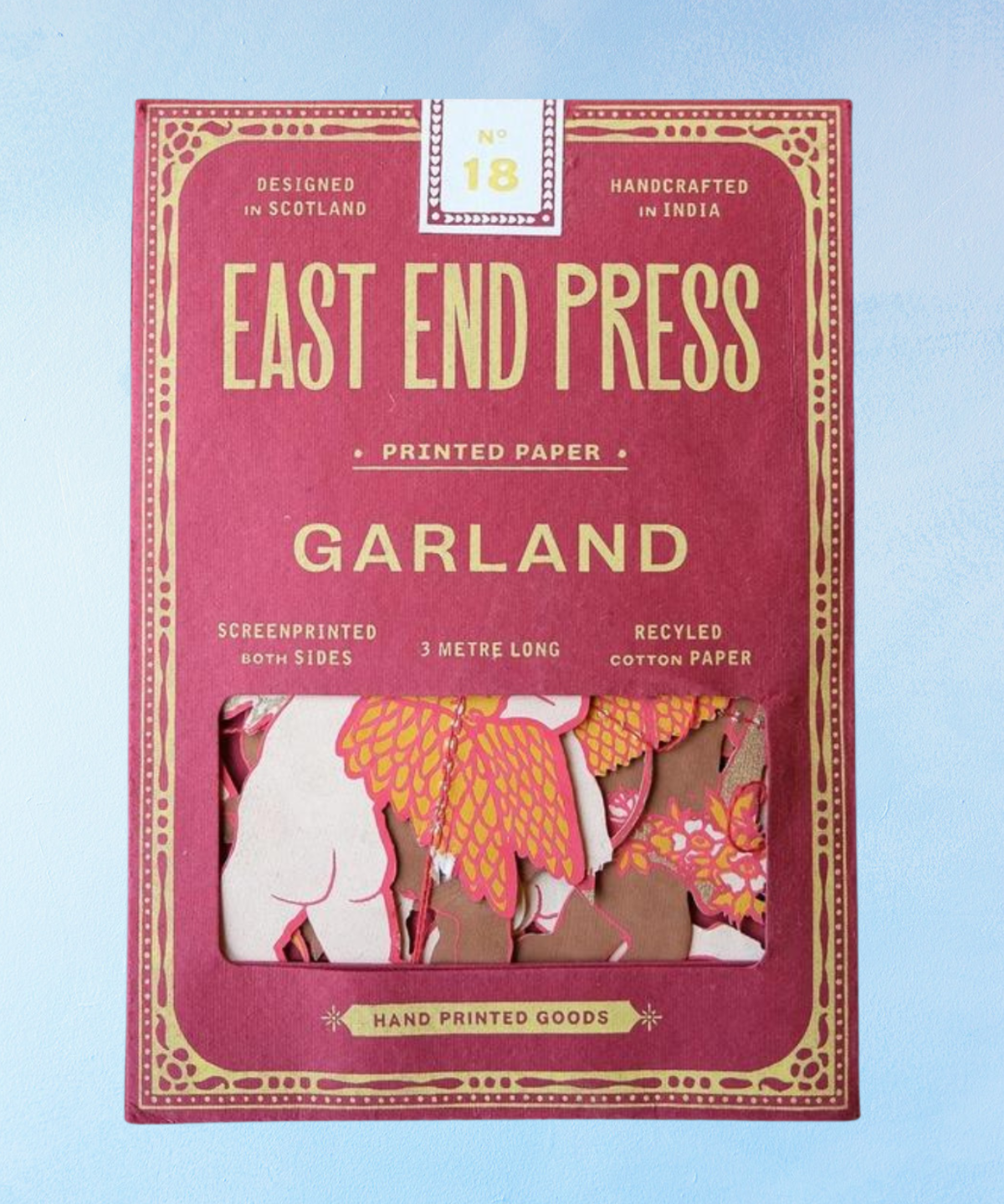 East End Press Garland printed paper packaging on a light blue background