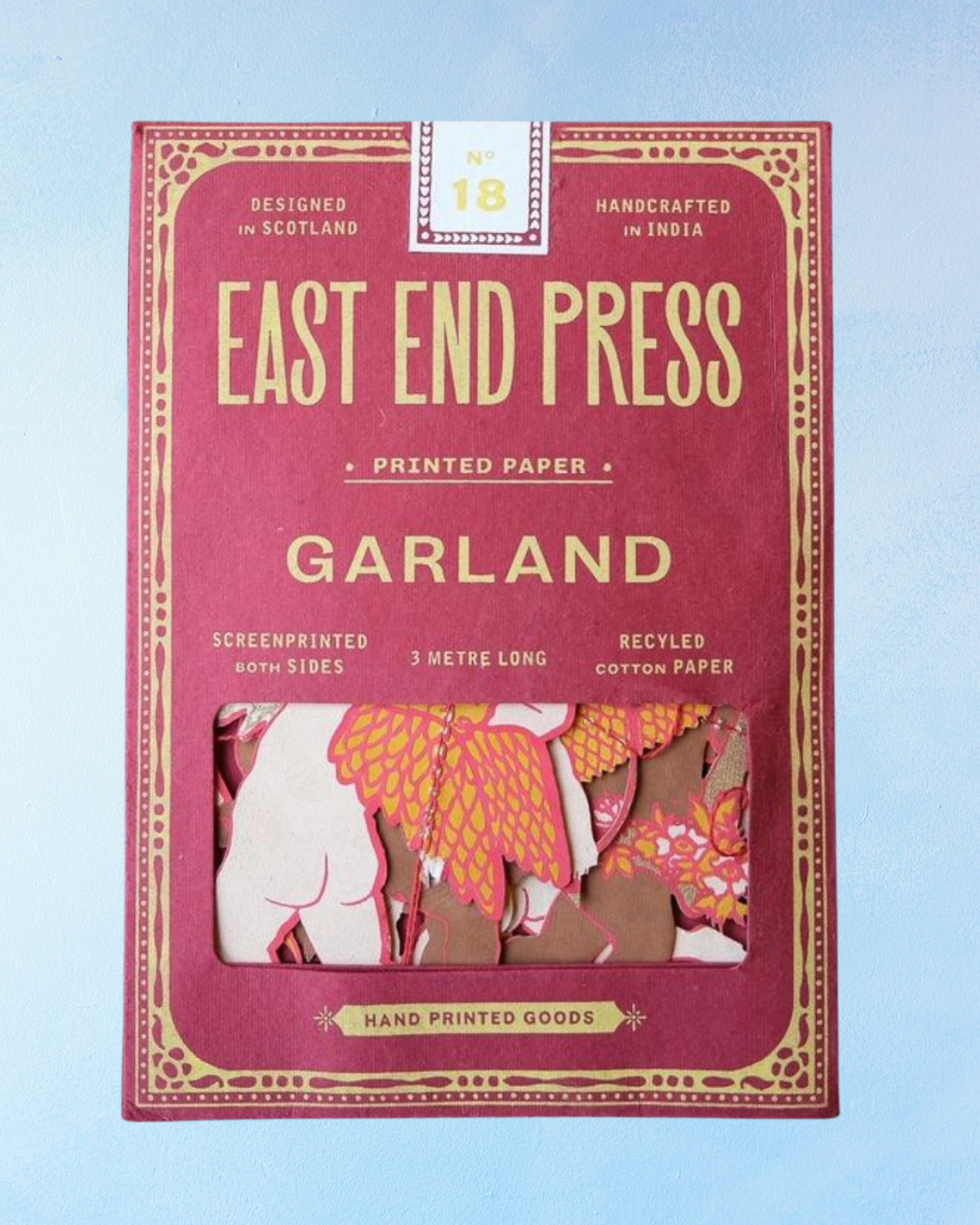 East End Press Garland printed paper packaging on a light blue background