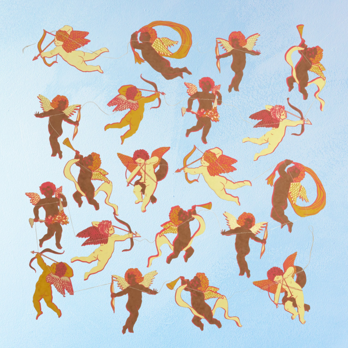 Illustrations of cherubs in various poses on a blue background