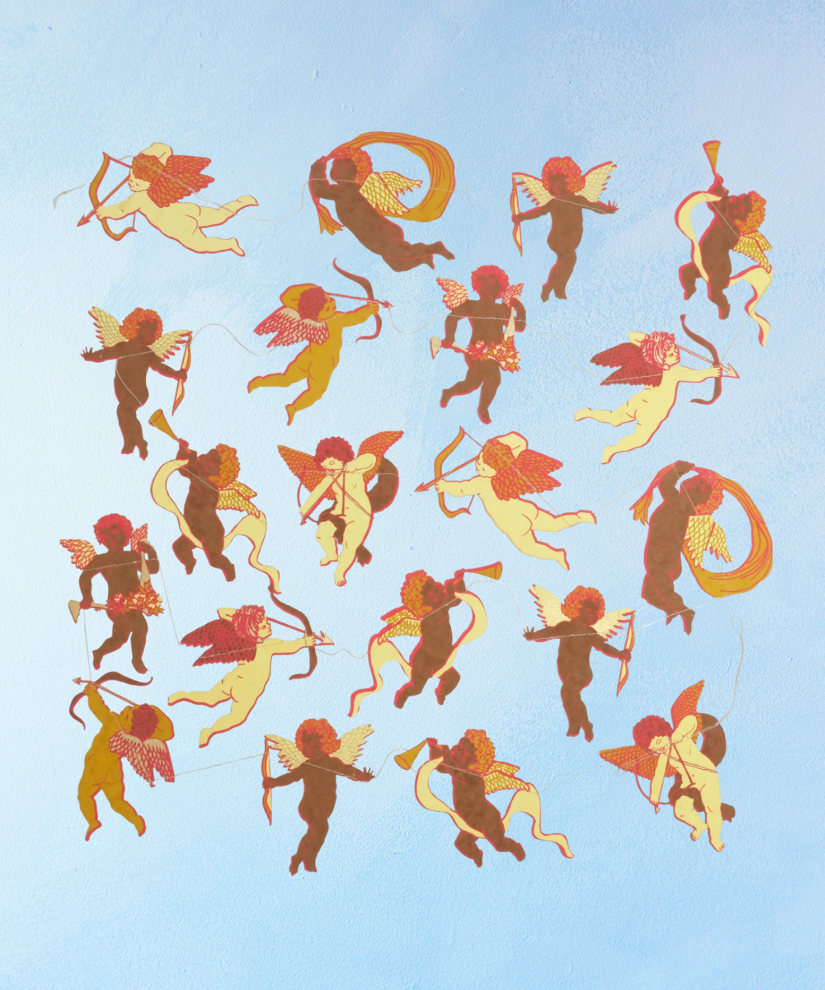 Illustrations of cherubs in various poses on a blue background