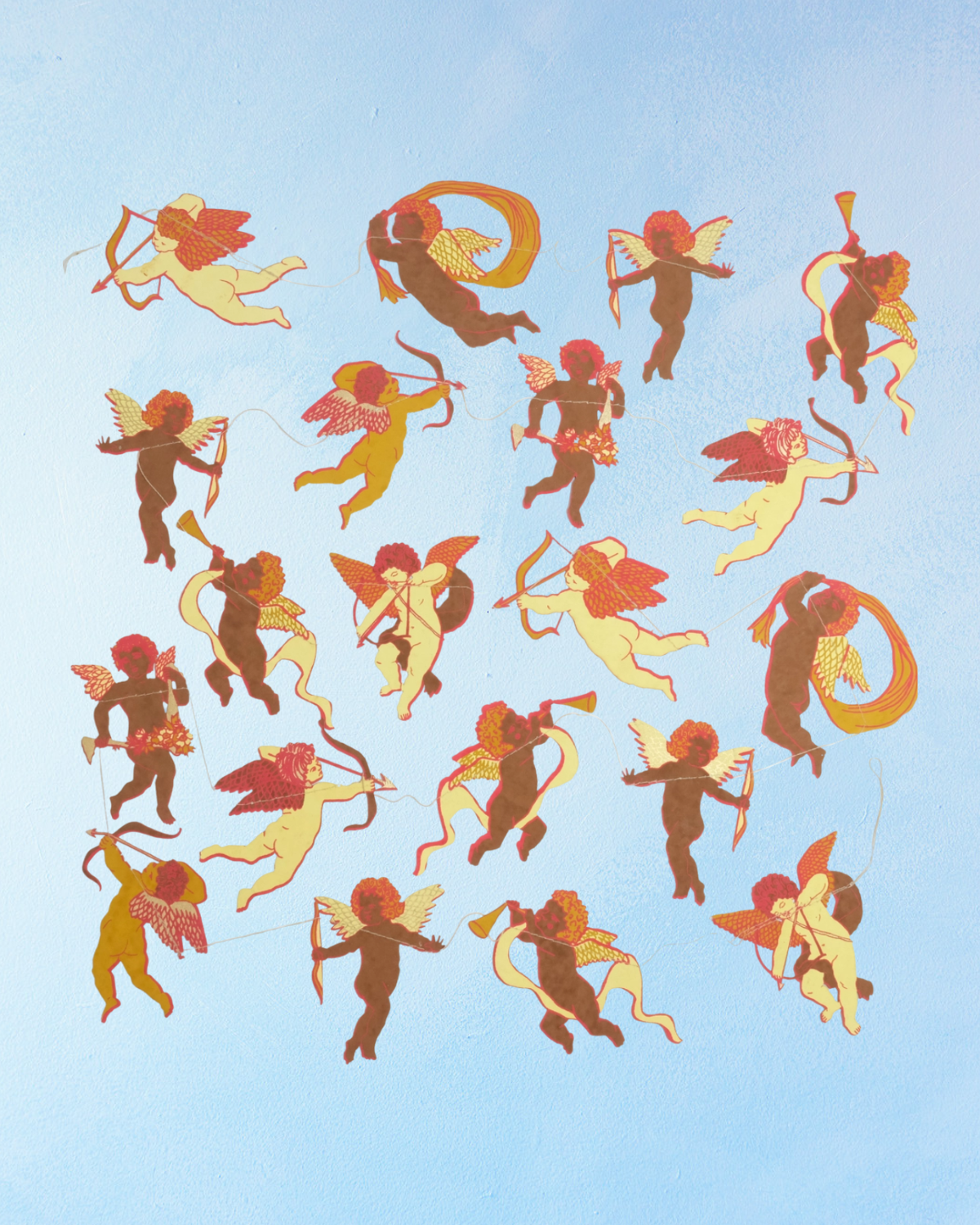 Illustrations of cherubs in various poses on a blue background