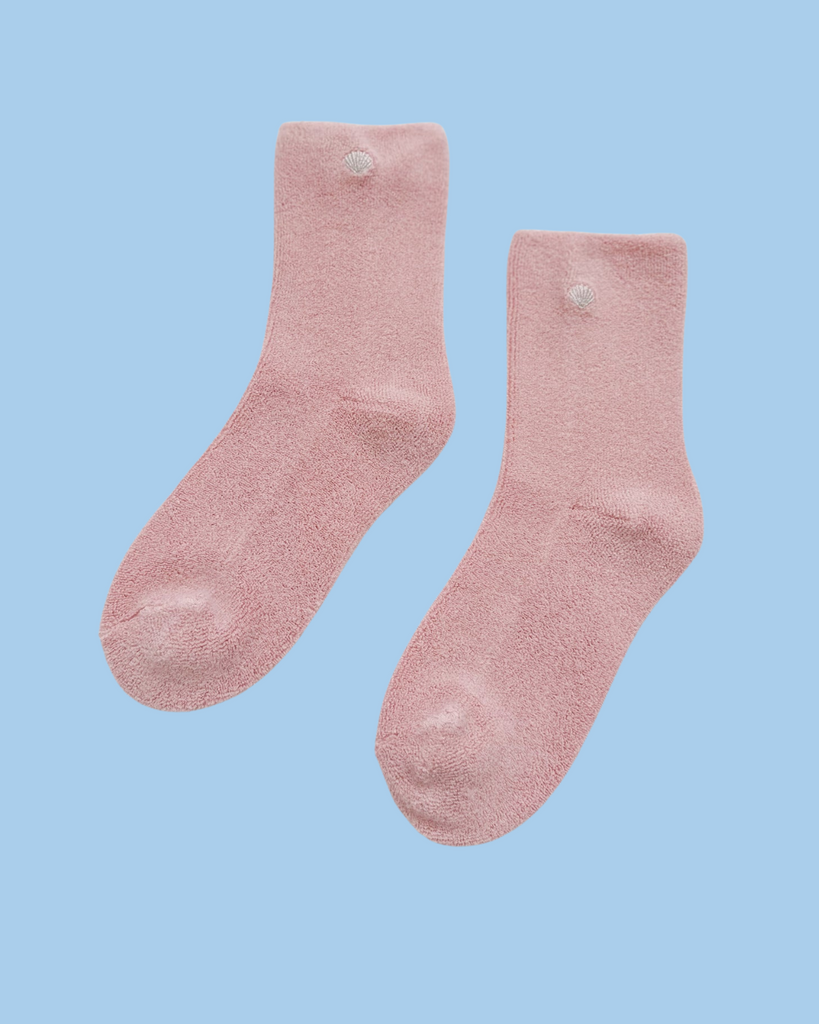 socks - cloud - pink rose with silver seashell embroidery