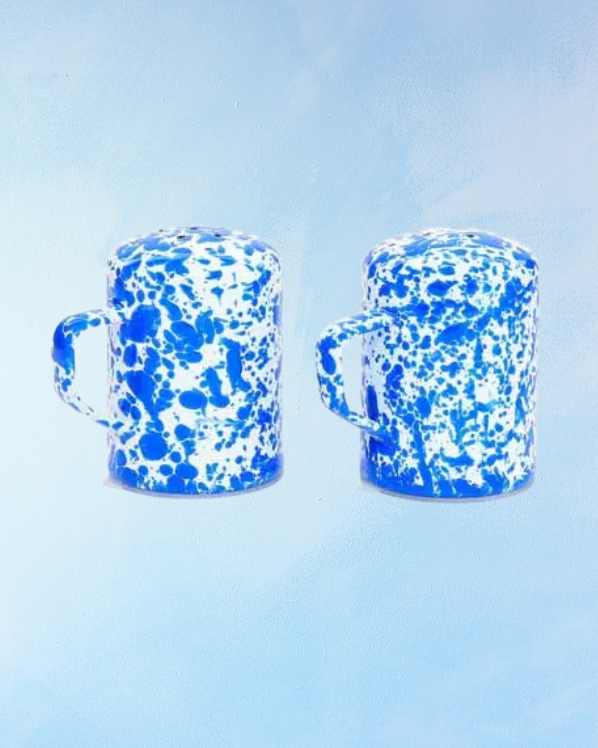 enamelware - salt and pepper shakers: blue splatter