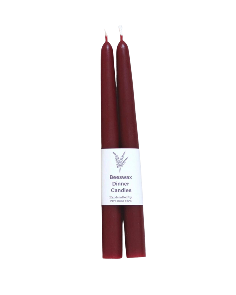 Five Bees Yard natural dye beeswax tapers in burgundy red (set of two)