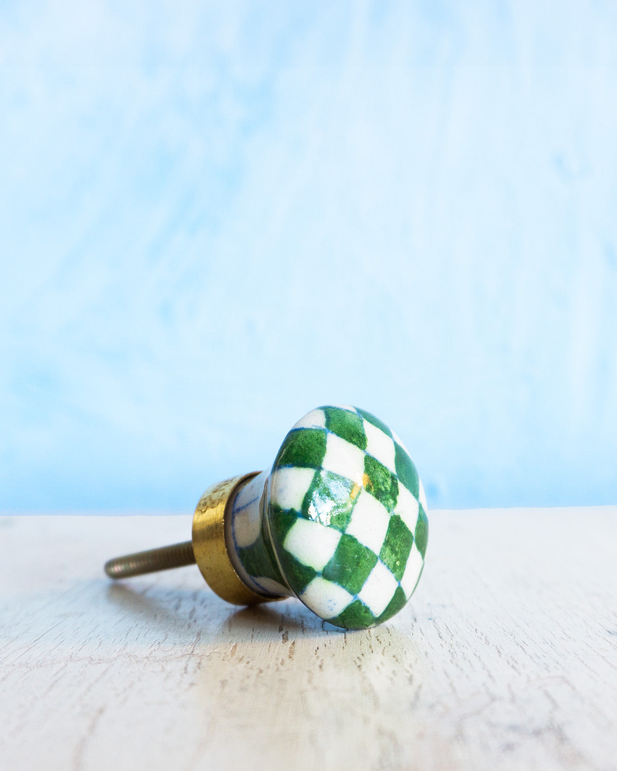 ceramic furniture knob - green and white checkerboard