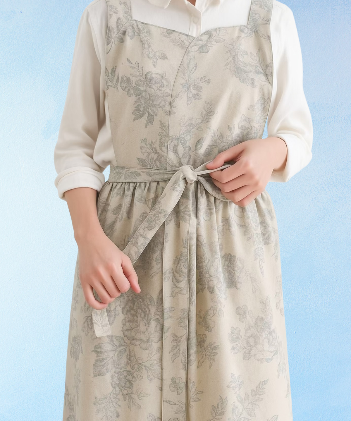 apron - linen grey floral crossback