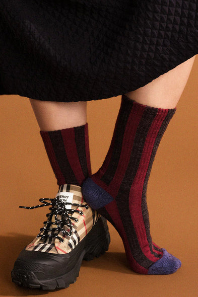 hansel from basel wool blend socks in wine and grey stripe