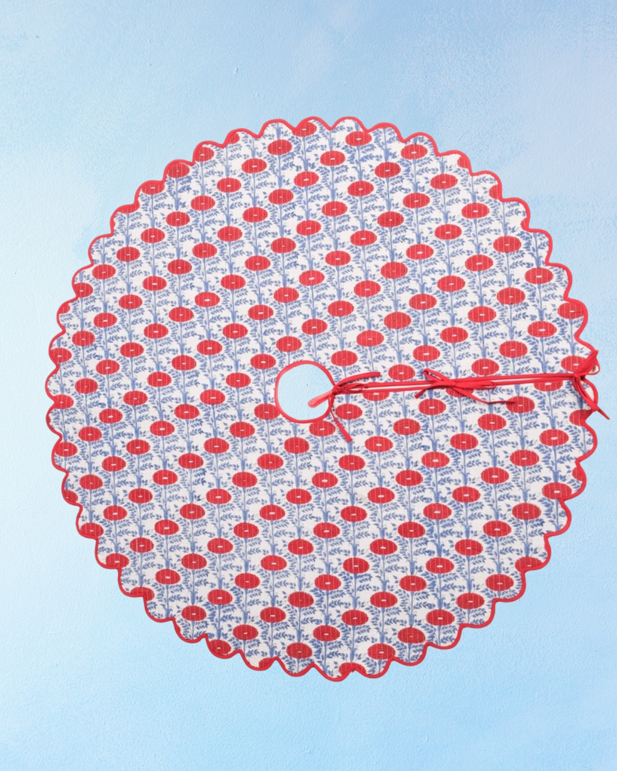 scalloped block printed tree skirt - blue