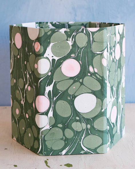 hexagon basket - green and pink marble