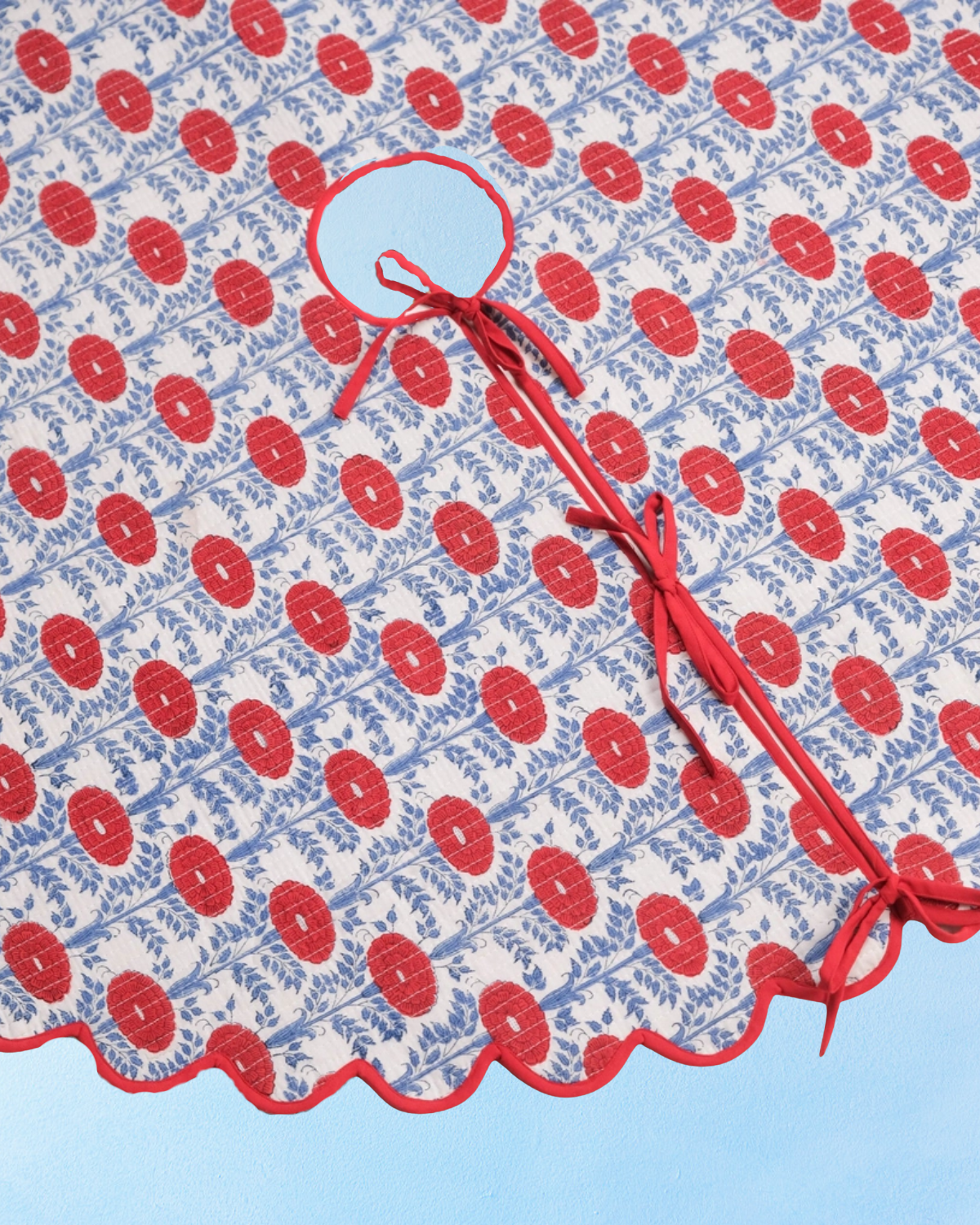 scalloped block printed tree skirt - blue