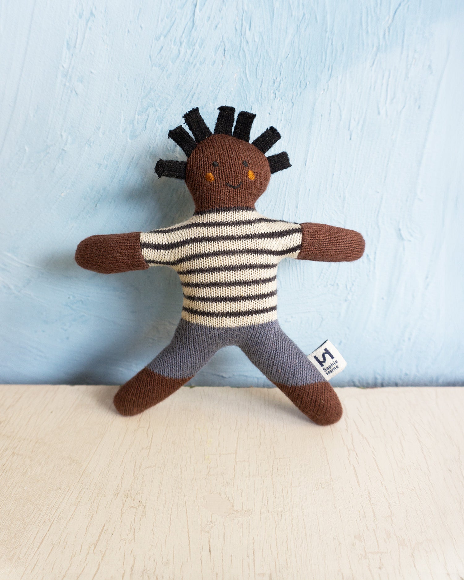 knit baby rattle - buddy blue