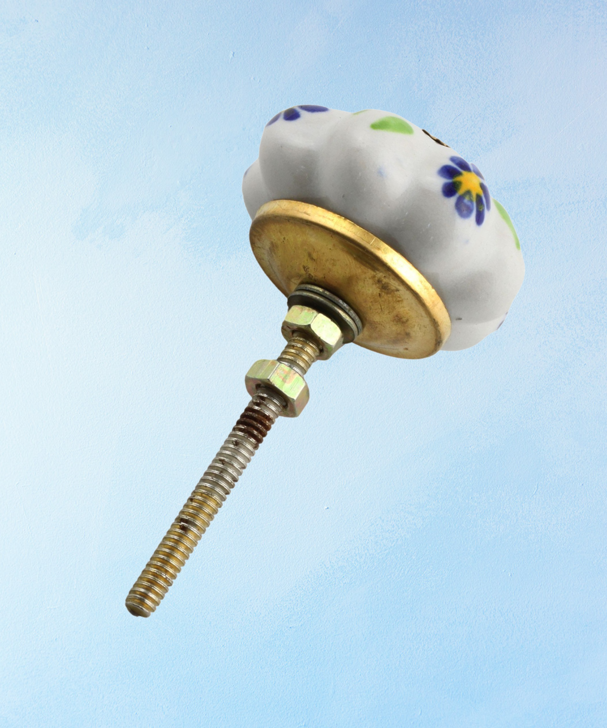furniture knob - ceramic - blue & green floral